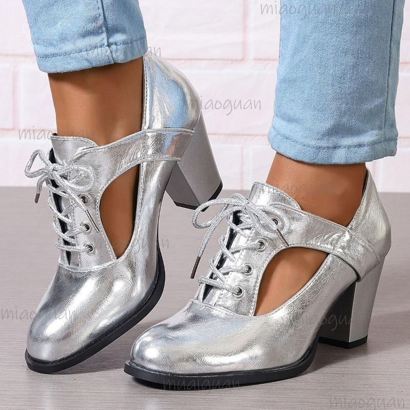 Patent Leather Cutout Chunky Heel Pumps Lace-Up Pointed Toe Dress Shoes Stylish High Heel Shoes for Office Work Fashion Casual