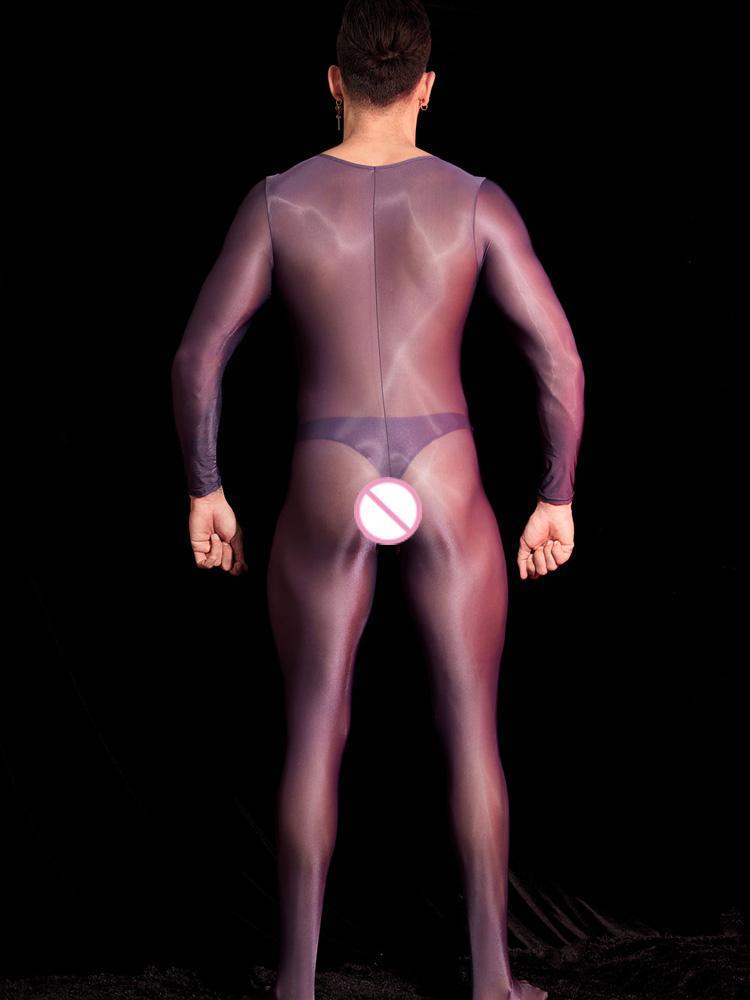 Sexy Men Breathable Oil Glossy Shiny Shapping Bodysuit Stain Sheer See Through Tights Elastic Fitness Shapping Maid Leotard