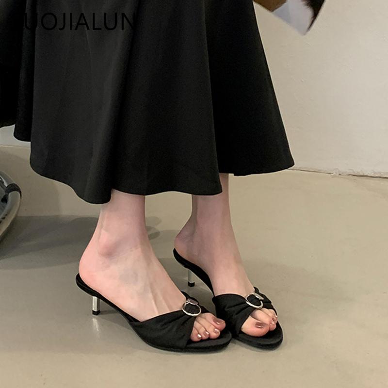 Fashion SUOJIALUN 2025 Summer New Brand Women Slipper Fashion Silk Bow-knot Ladies Elegant Sandal Thin High Heel Outdoor Dress Slides Sh