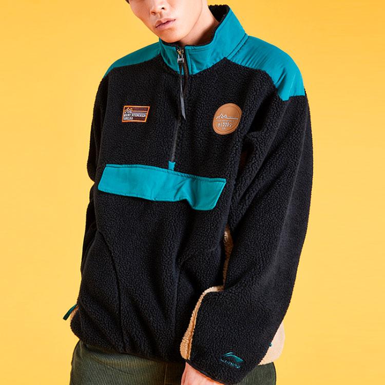 Li Ning Sports Lifestyle Series Casual Color Block Loose Stand Collar Half Zip Pullover Sweatshirt Men Sweatshirt Standard-Black AWDP841-1