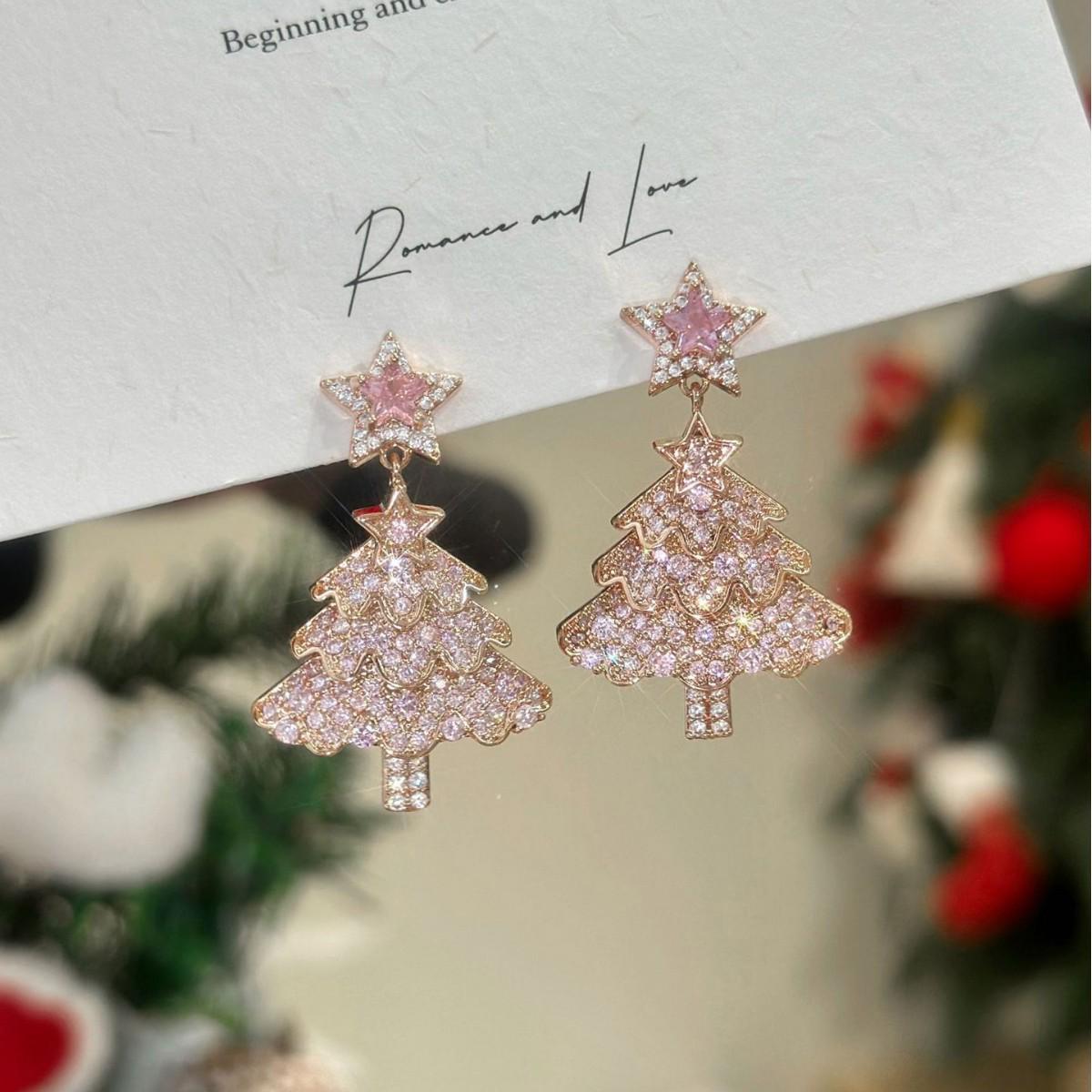 Pink Christmas Tree Star Earrings: Elegant, Sweet, and Exquisite High-End Studs