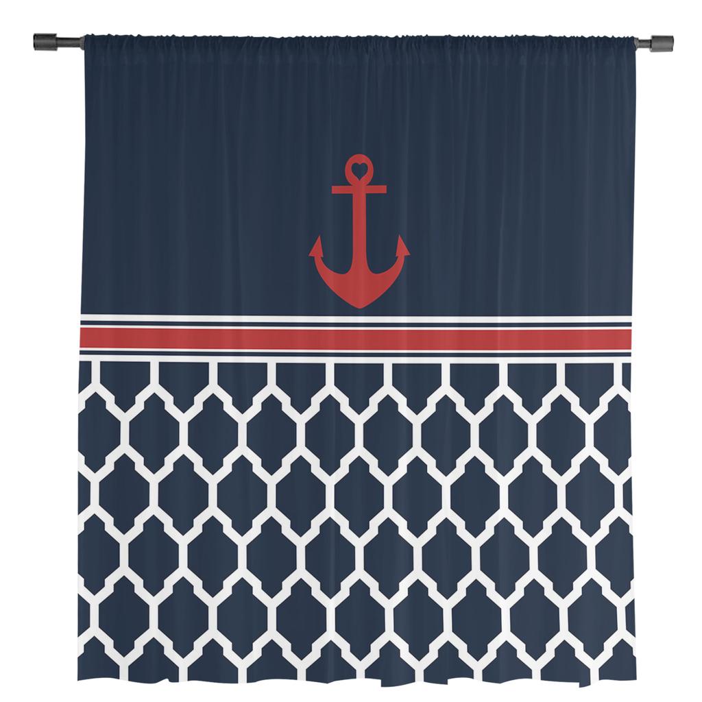 Navy Striped Anchor Sheer Curtains For Living Room Bedroom Kids Room Tulle Window Treatment Drapes