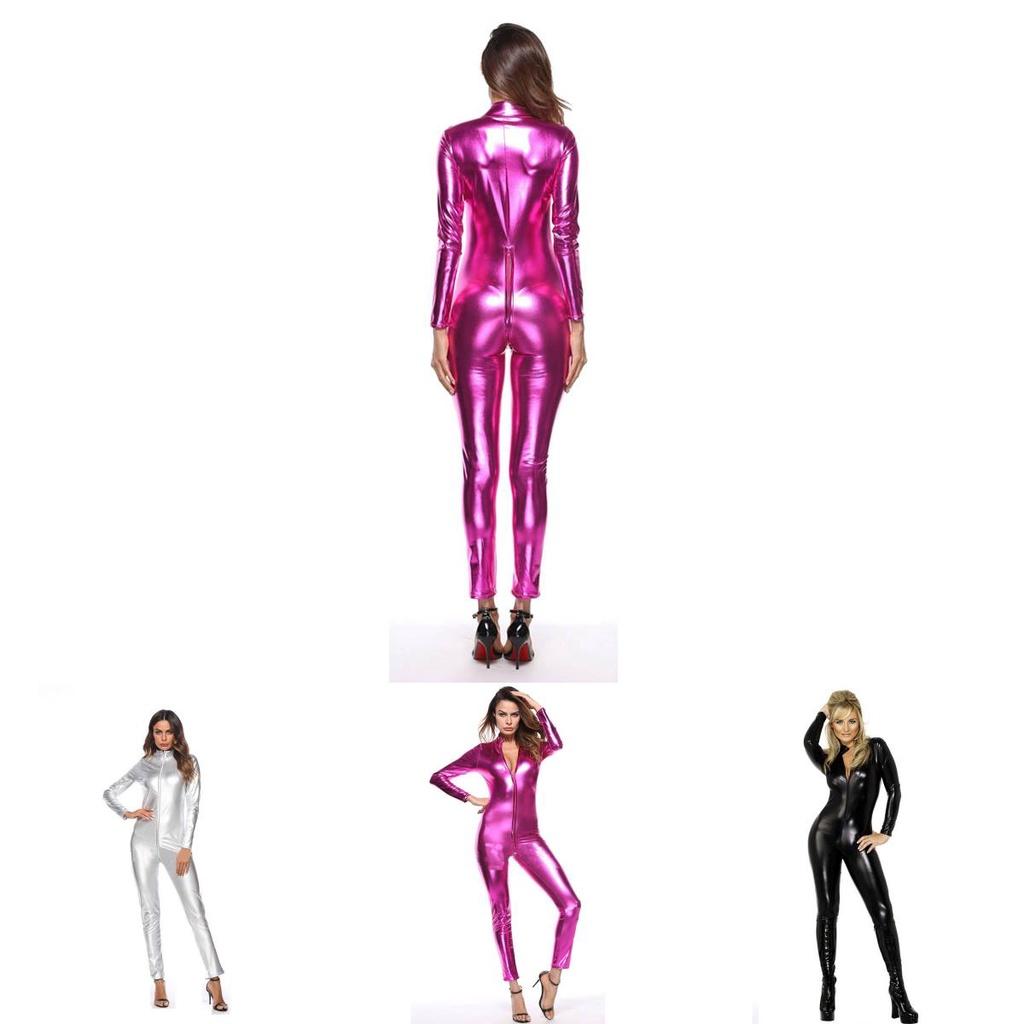 Smooth Touch Metallic Sexy Catsuit Jumpsuit With Double Zipper Closure For Parties