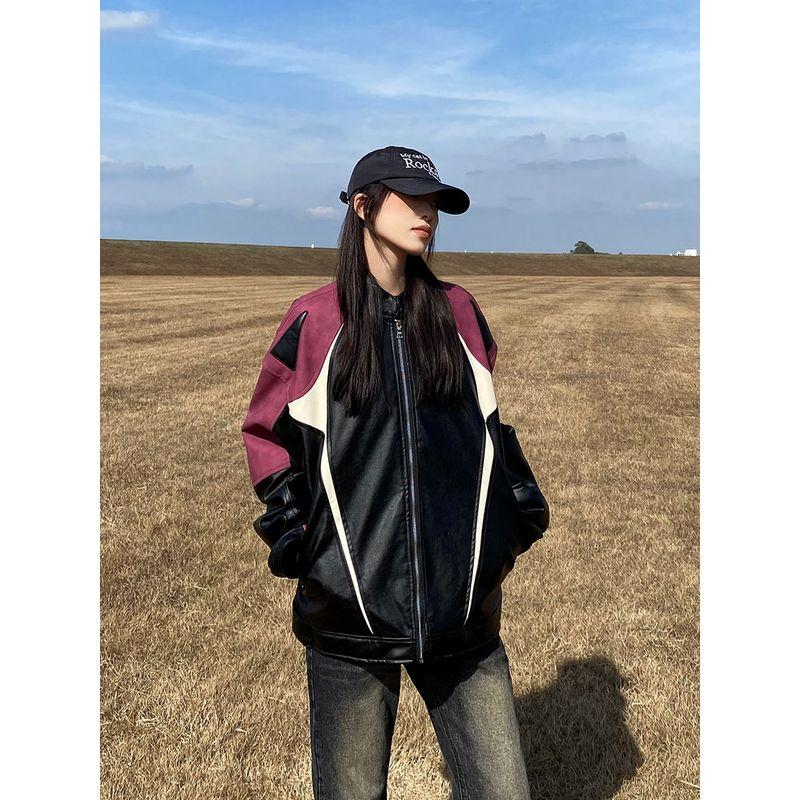 

Американское ретро, контрастная пэчворк мотоциклетная куртка из искусственной ПУ кожи, мужская и женская, осенняя модная уличная повседневная куртка с воротником-стойкой, трендовая Red XL