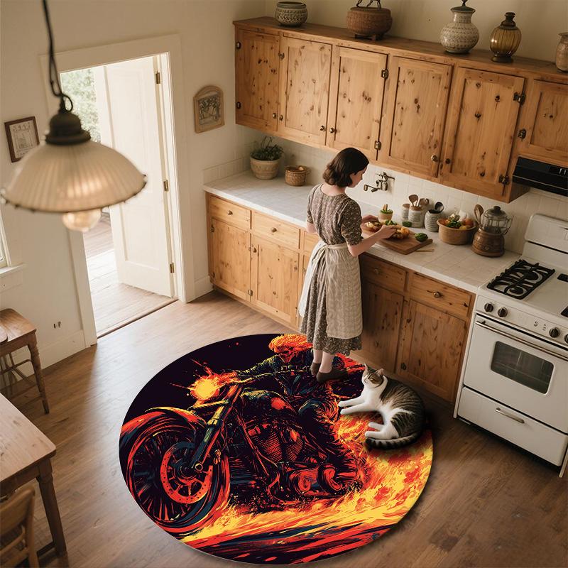 Flame Motorcycle,Round Area Rug,Carpet Rug for Living Room Bedroom Sofa Playroom Decor,Non-slip Floor Mat