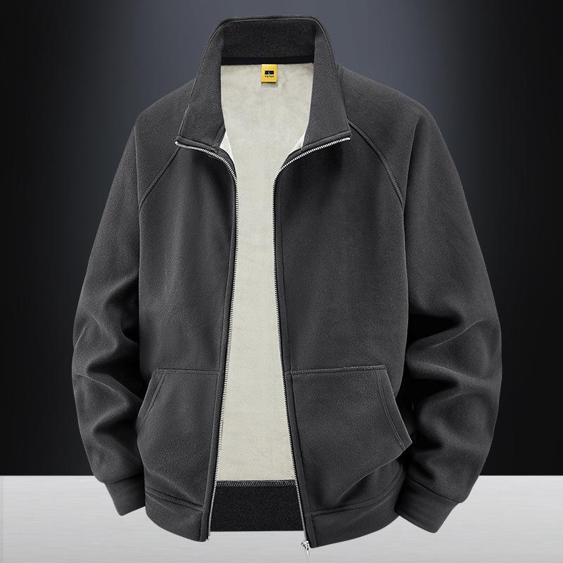 New American Sports Stand-up Collar German Velvet Sweatshirt Men's Autumn and Winter Basic Style Plus Velvet Thickened Cardigan Loose Solid Color