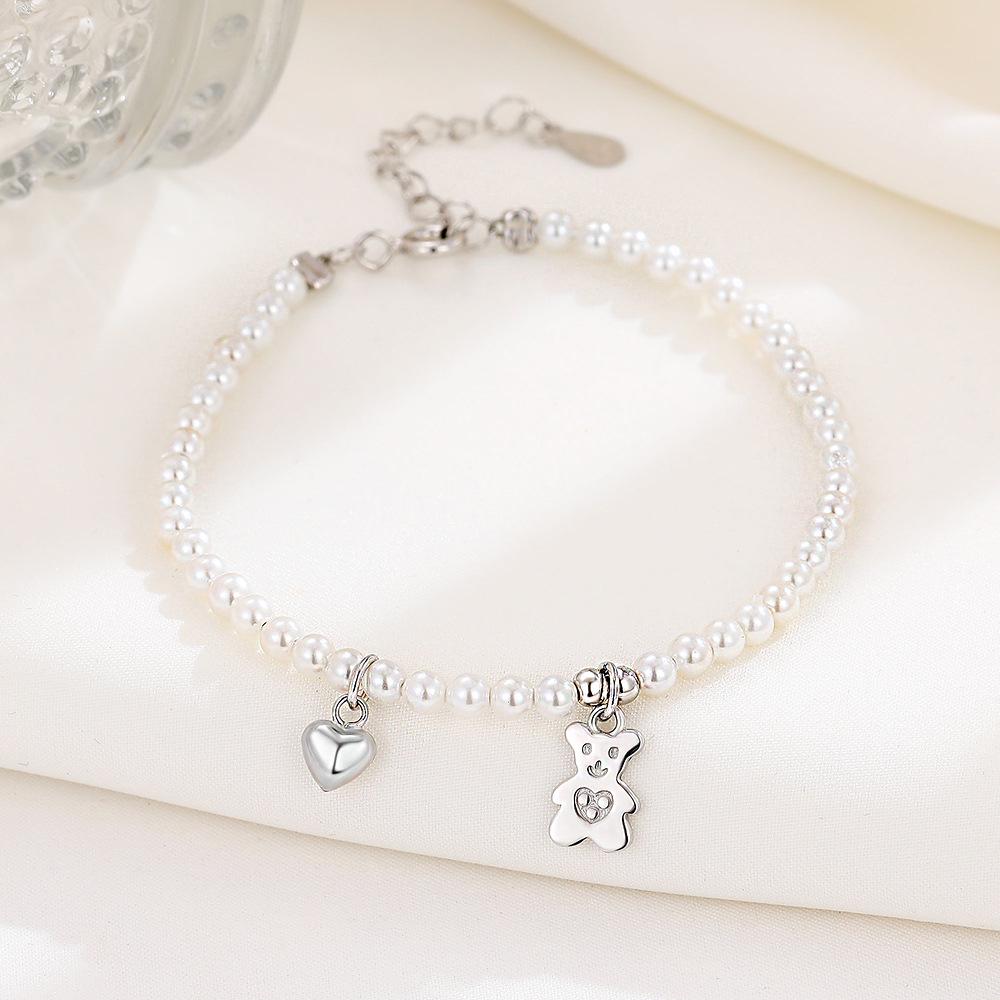 

Браслет из стерлингового серебра с сердцем, медведем и жемчугом - Простой и универсальный для женщин 925 Silver