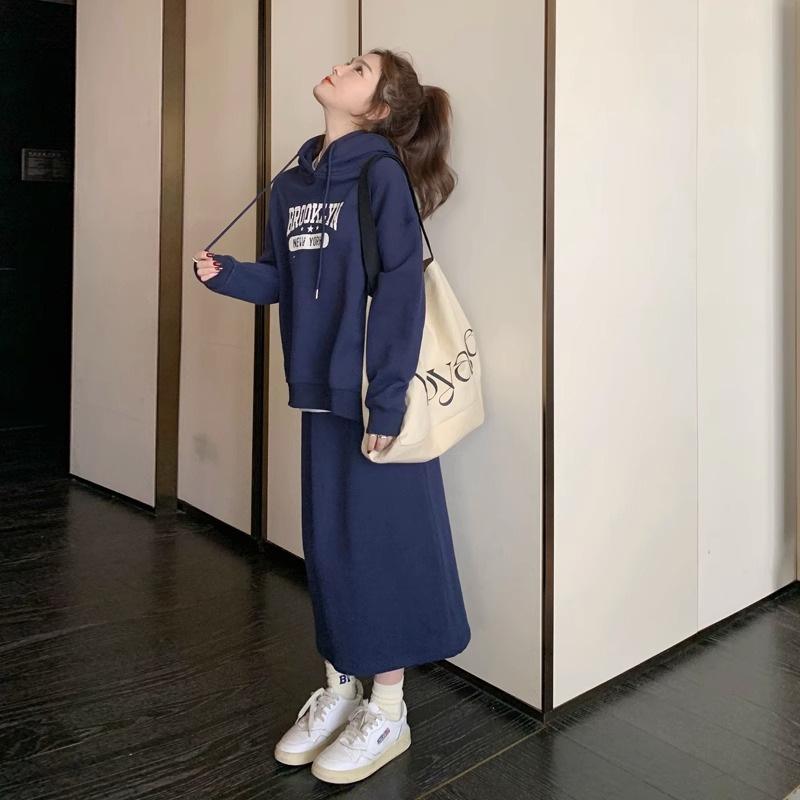 Korean Style Autumn Plus Size Slimming Hooded Sweatshirt and Skirt Two-Piece Set for Women