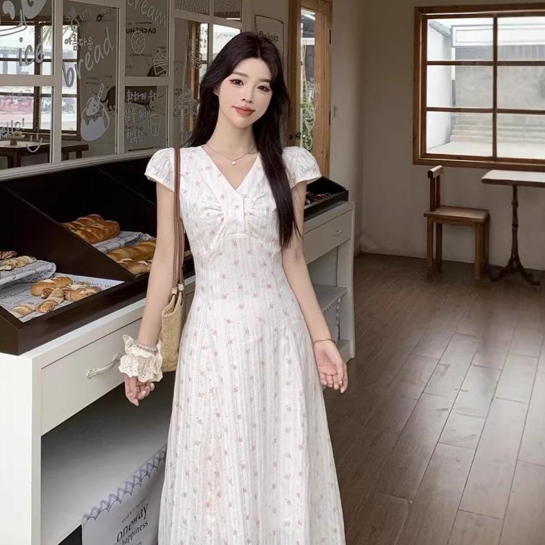 Elegant 2026 Summer V-neck Floral A-line Maxi Dress for Women Medium