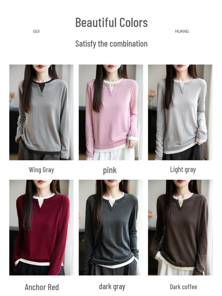 Women's 2025 Autumn/Winter Round Neck Two-Piece Look Wool Knit Long Sleeve Versatile Pullover Sweater Top