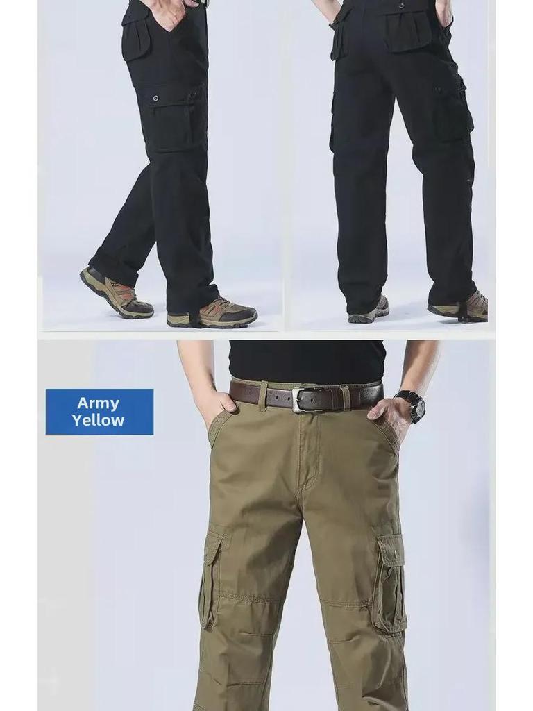 Trwałe bawełniane spodnie robocze z wieloma kieszeniami - Luźny krój, Proste spodnie, Duże rozmiary