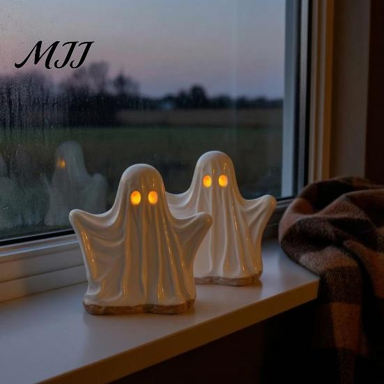 Durable Holiday Party Decorations Ghost Ornament with Warm Light, Cute Spooky Luminous Figurine, Seasonal Home Supplies Resin Night Light for Tabletop