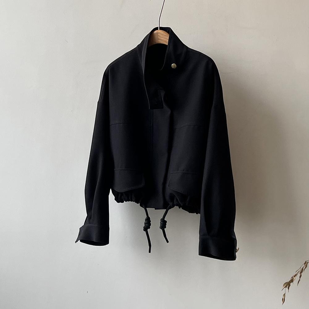 Korean Standing Collar Jacket Cardigan Women's Autumn New Loose Hem Drawstring Short Jacket