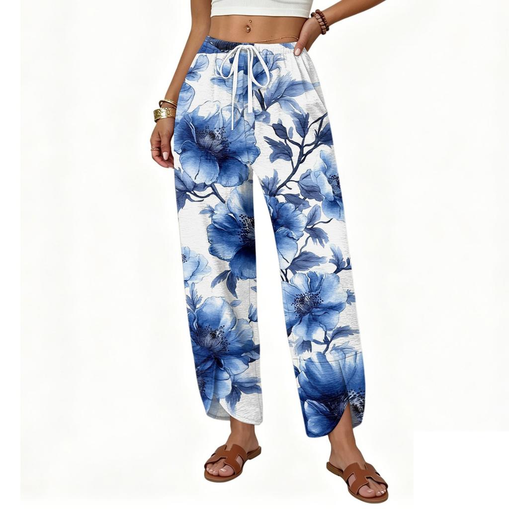 Women Casual Straight Leg Wide Leg Loose Fit Drawstring Floral Print Pants Lightweight Comfortable Trousers for Daily Wear