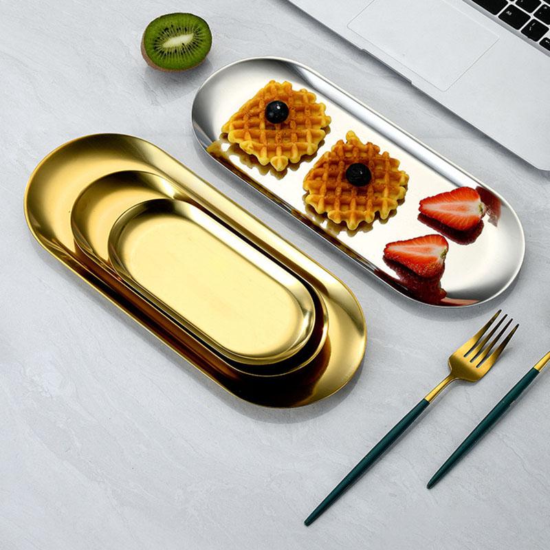 Oval Stainless Steel Gold Dining Plate Dessert Plate Nut Fruit Cake Tray Snack Kitchen Plate Western Steak Kitchen Plate Dish