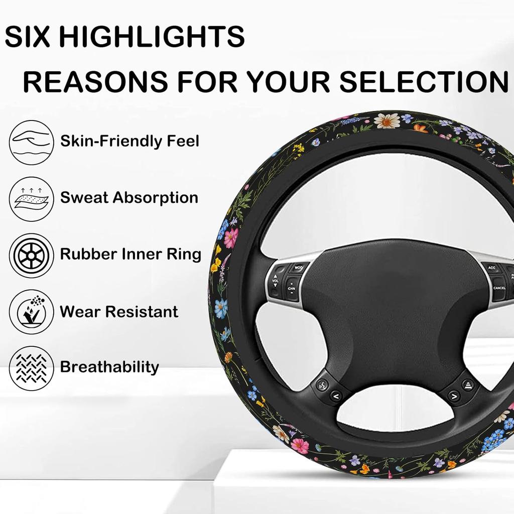Wildflower Steering Wheel Cover, Flower Car Accessory For Diverse Cars, Steering Wheel Cover Non-Slip Breathable Fabric Absorbing Sweat Universal Car