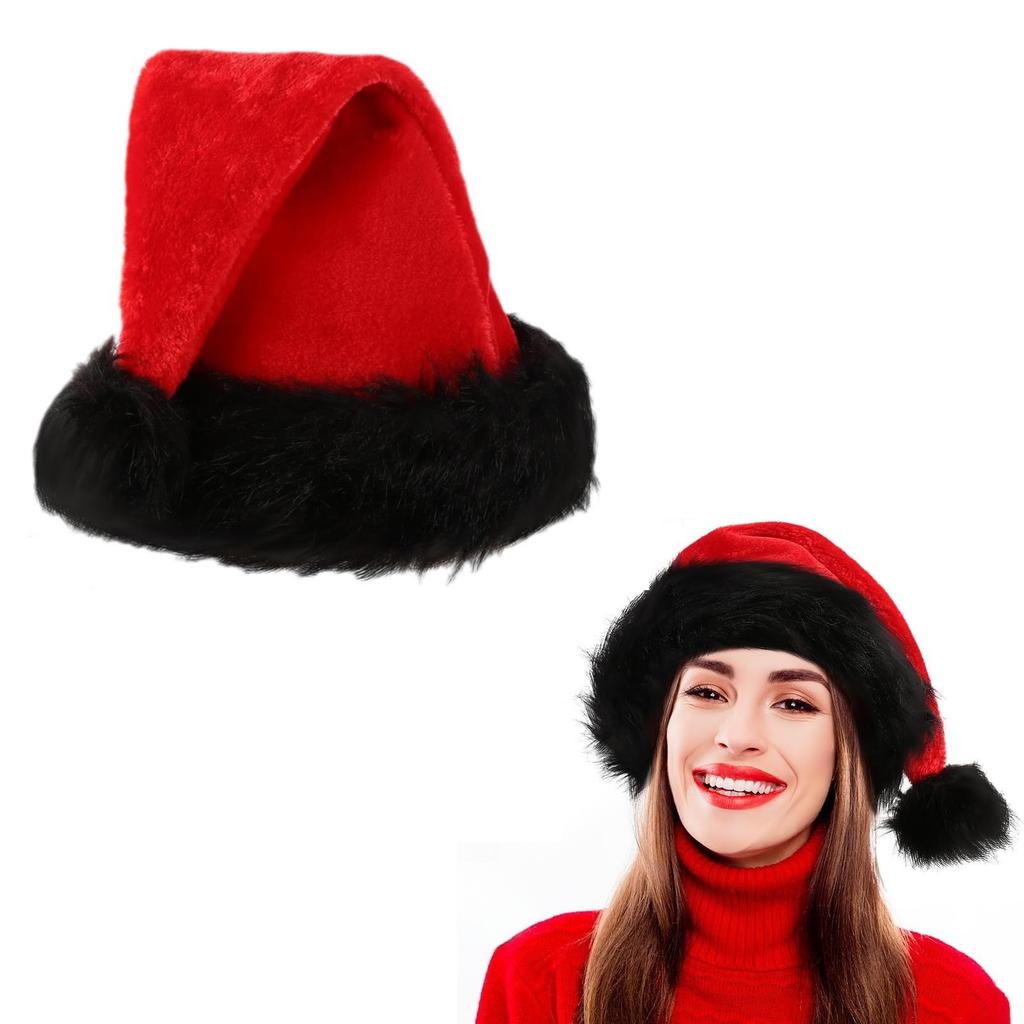 Red Christmas Hat for Adults - Plush Style with Black Brim, Holiday Costume Prop & Decoration, Cute Small Gift for Friends
