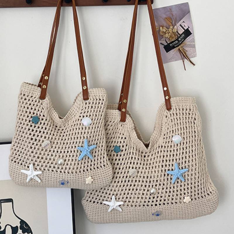 Handwoven Straw Tote Bag With Starfish And Shell Decor For Beach Summer Travel Womens Fashion