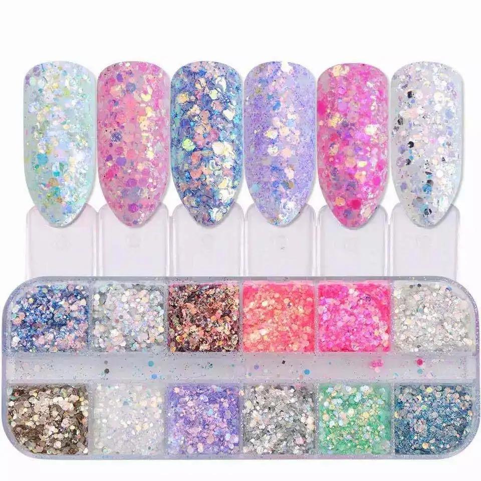 12 Grids/Box Nail Glitter Colorful Mirror Effect Shimmer Mermaid Pearl Powder Chrome Pigment Dust Fine Glitter Polish Nail Decor