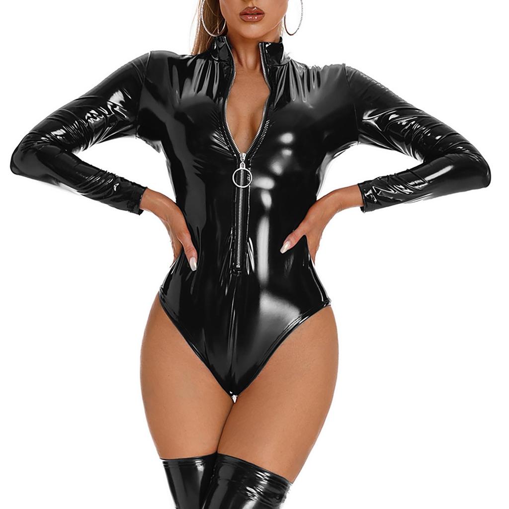 Women's High Neck Zipper Front Bodysuit Shiny Metallic Leather Catsuits Long Sleeves Jumpsuits