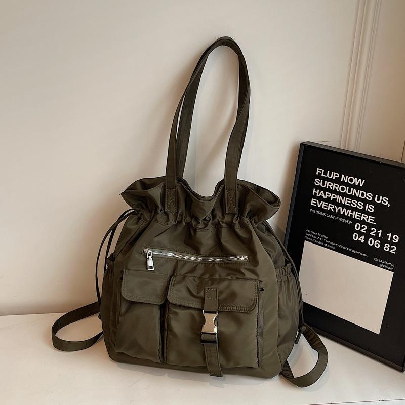 

Нейлоновая сумка-мешок на шнурке большой вместимости, на плечо, простая, многокарманная, студенческая школьная сумка, повседневная универсальная сумка-тоут для женщин зелёный