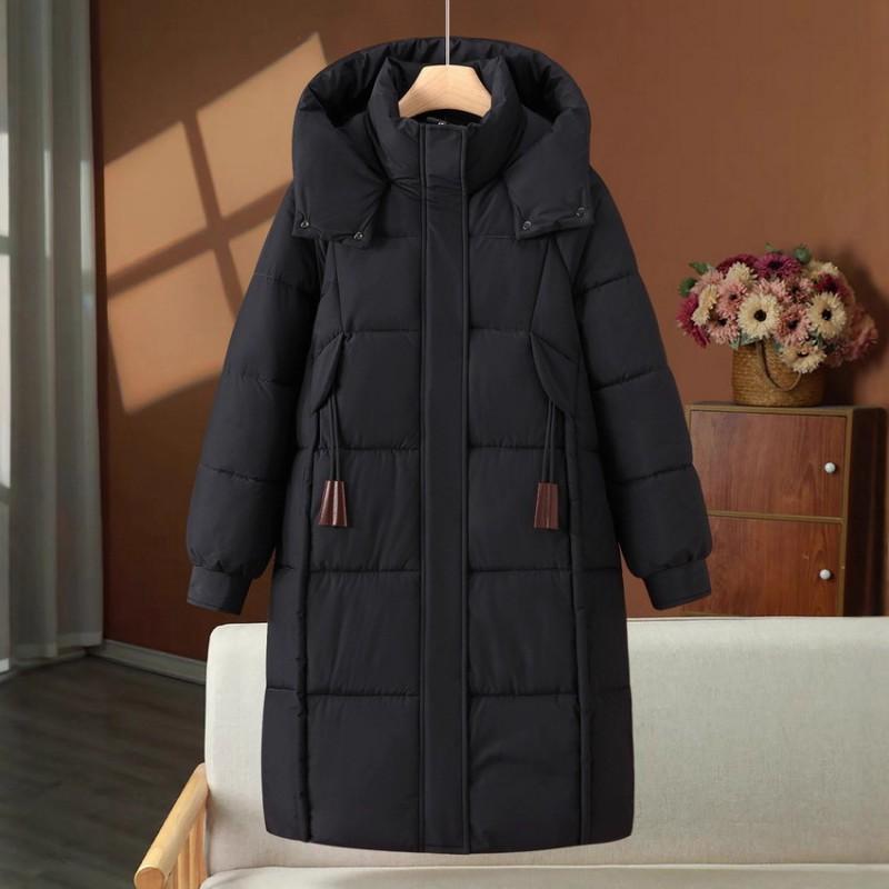 Womens Oversized Long Winter Coat With Hood Thick Cotton-Padded Outerwear Mid-Length Black Red Purple Coffee