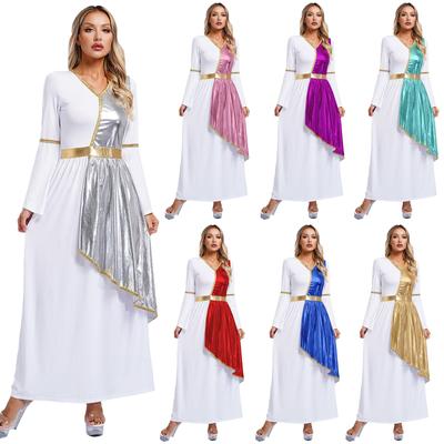Woman's Greek Aphrodite Nymph Halloween Cosplay Costume Shiny Bell Long Sleeve Maxi Robe Dress Church Choir Prayer Gown
