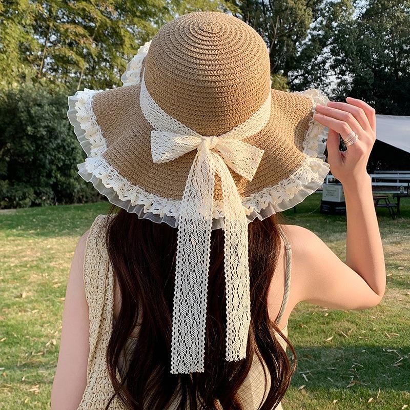 Summer Bow Sun Hat Female, Seaside Beach Vacation Sun Hat Outdoor Big Brim Sun Hat Sweet Straw Hat