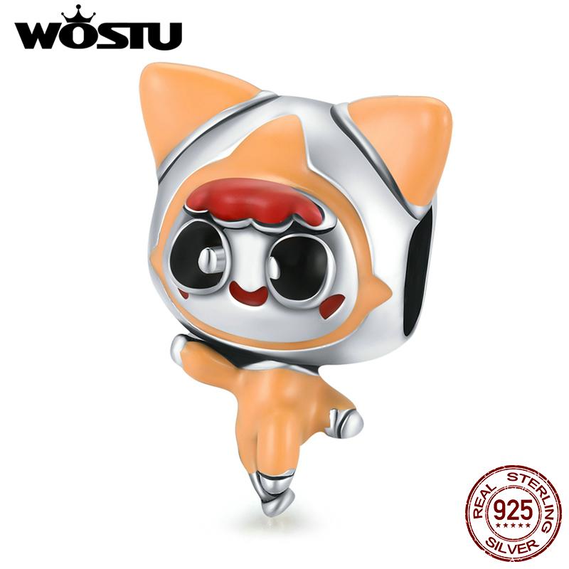 WOSTU Lively Cute Cat Orange Spacesuit 925 Sterling Silver Beads Fit Bracelet Bangle Fine Jewelry