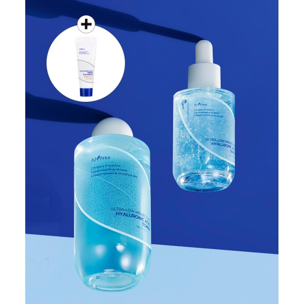 Isntree [set Of 2] Ultra Low Molecule Hyaluronic Acid Toner 300ml+Serum 50ml  + Free  Hyaluronic Acid Fresh Sun Serum 10ml NONE
