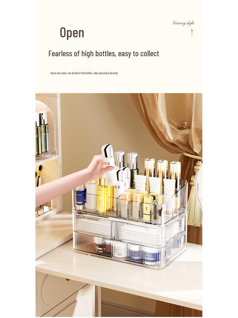 Elegancki dwuwarstwowy pyłoszczelny organizer na kosmetyki z uchylnym wiekiem na makijaż i pielęgnację skóry.