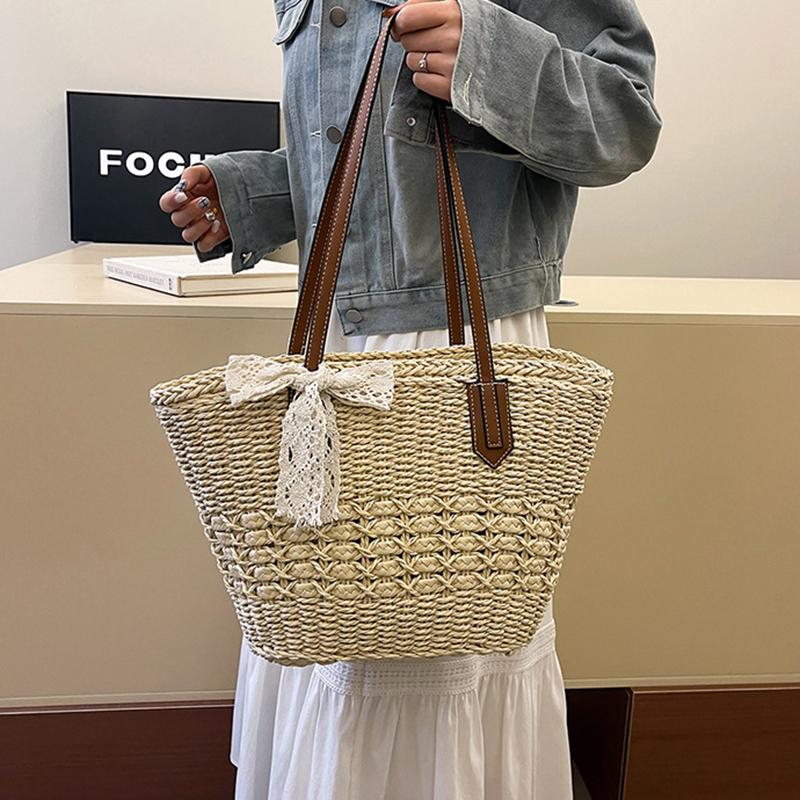 Yogodlns Summer Straw Woven Large Capacity Seaside Tote Bag Women's Basket New Beach Bag Shoulder Underarm Handbag