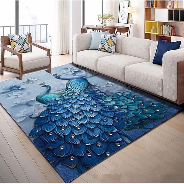 Living Room Home Decor Rugs For Bedroom Exquisite Ice Blue Peacock Canary Floor Mats Door Mats Carpets Bedroom Carpets