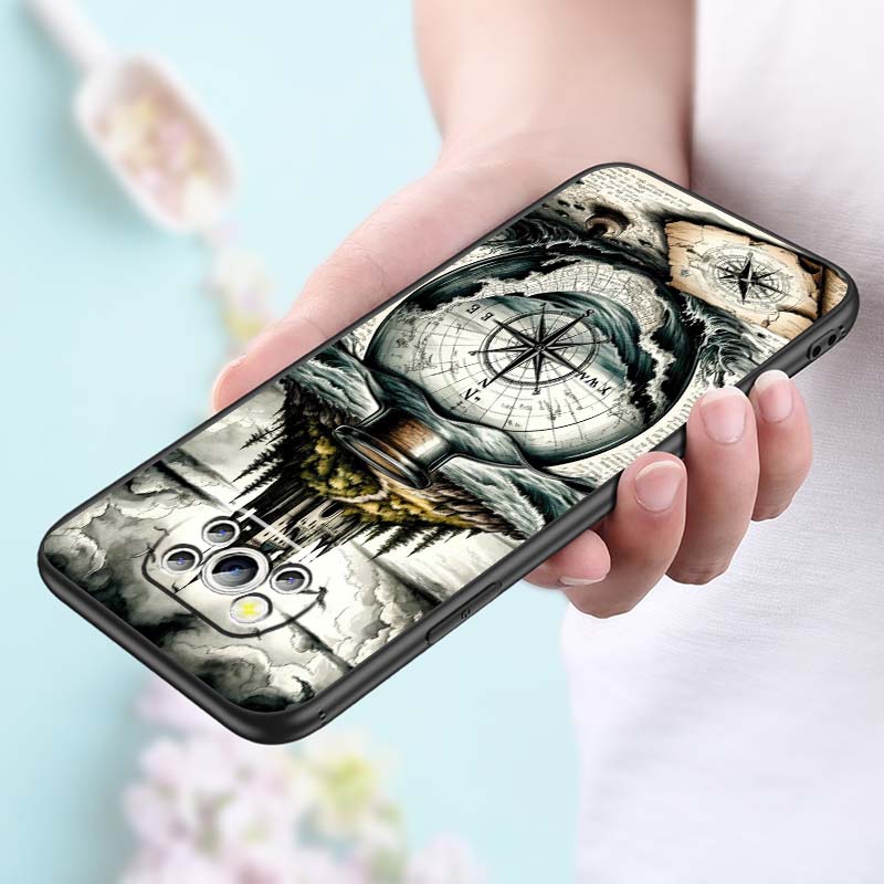 Vintage compass illustration For Xiaomi Mi Poco F3 F4 F5 F6 X3 X4 X5 X6 X7 M3 M4 M5 M6 M7 GT Pro 5G Black Phone Case
