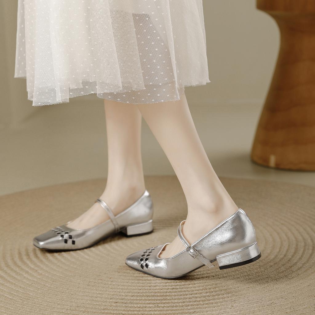 French Silver Square Head Single Shoes Women's Low Heels Autumn 2025 New One-word Buckle Versatile Mary Jane High Heels