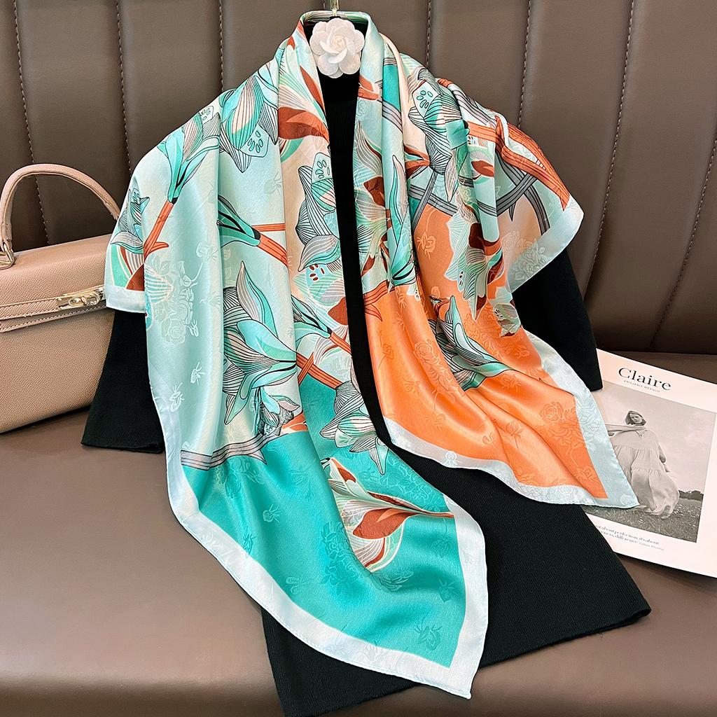 Spring and Autumn Flowers 91 Silk Scarf Square Scarf Women's Neck Protection Thin Fashion Foreign Style Scarf Summer Travel Beach Scarf