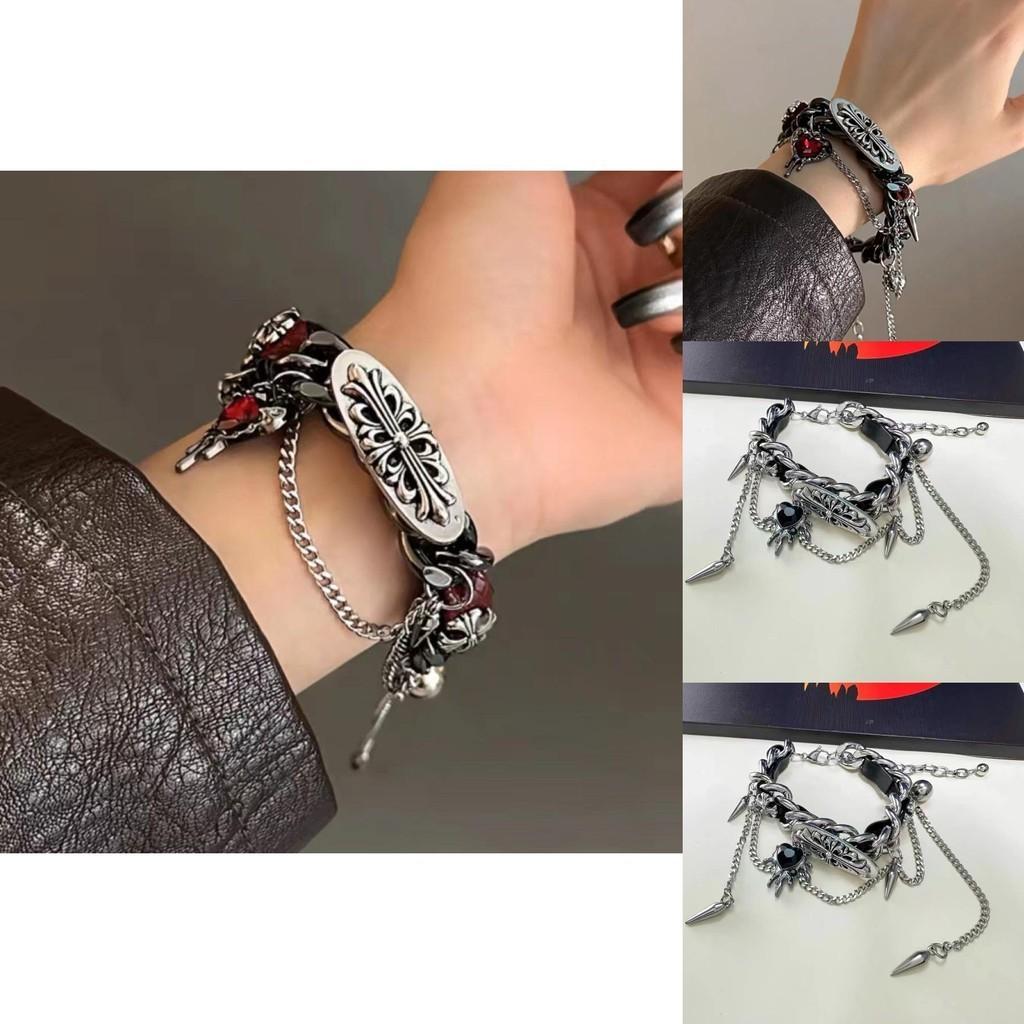 Y2k Gothic Punk Red Leather Bracelet Alloy Electroplated For Men And Women