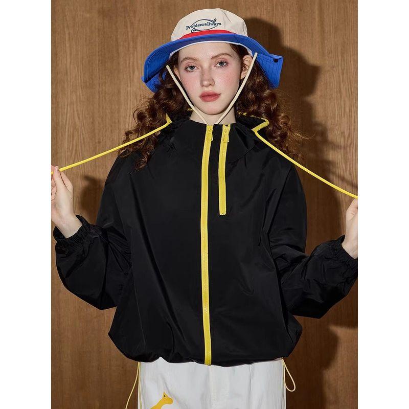 Coolhut2025 Fall Contrast Color Hooded Outwear Casual Bright Color Drawstring Coat Outwear Female Loose All-Matching Top