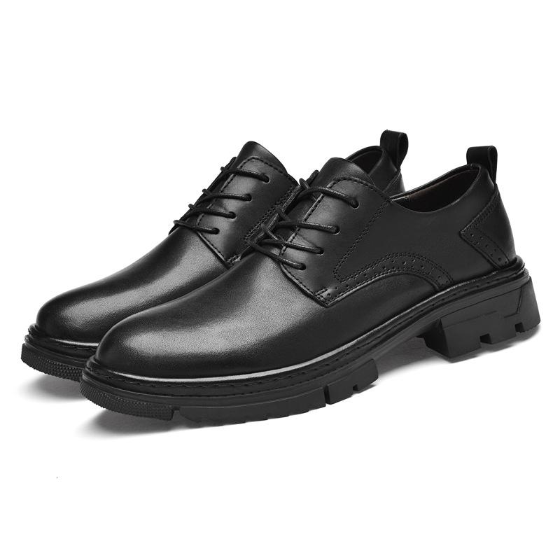 Men's leather shoes first layer cowhide thick sole heightening round head office leather shoes hole leather shoes