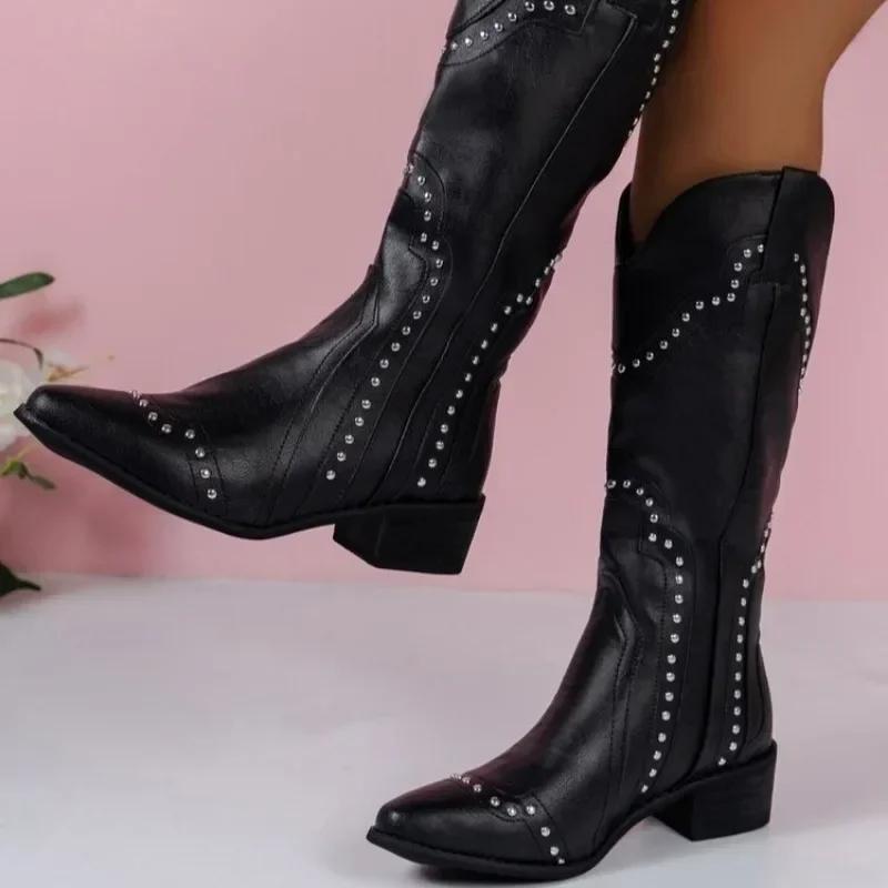 New Shoes Female Mid-Calf Women's Boots Retro Modern Boots Women Rivet Sewing Pointed Toe Slip-on Chunky Heel Shoes Women