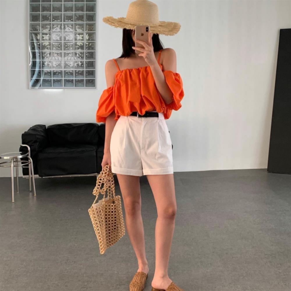 New Arrivals Open Run Women Off Shoulder Shirring Puff Balloon Crop Blouse