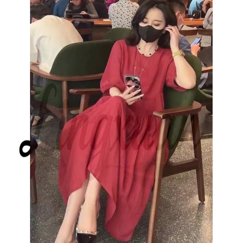 Elegant Red French Style Slimming Long Dress for Women - Summer 2026 Collection XL