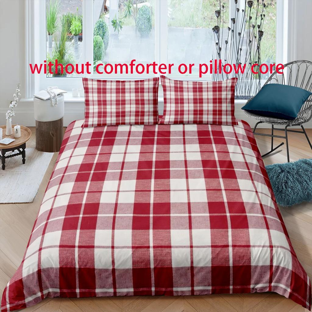 Red Plaid Style Digital Printed Duvet Set - Polyester - Bedroom Decor -1 Bed Cover +2 Pillowcases (No Pillow Core)