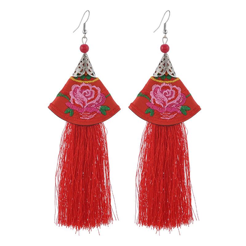 Embroidery fabric tassel earrings long retro flowers Yunnan Lijiang dance performance women's cheongsam earrings