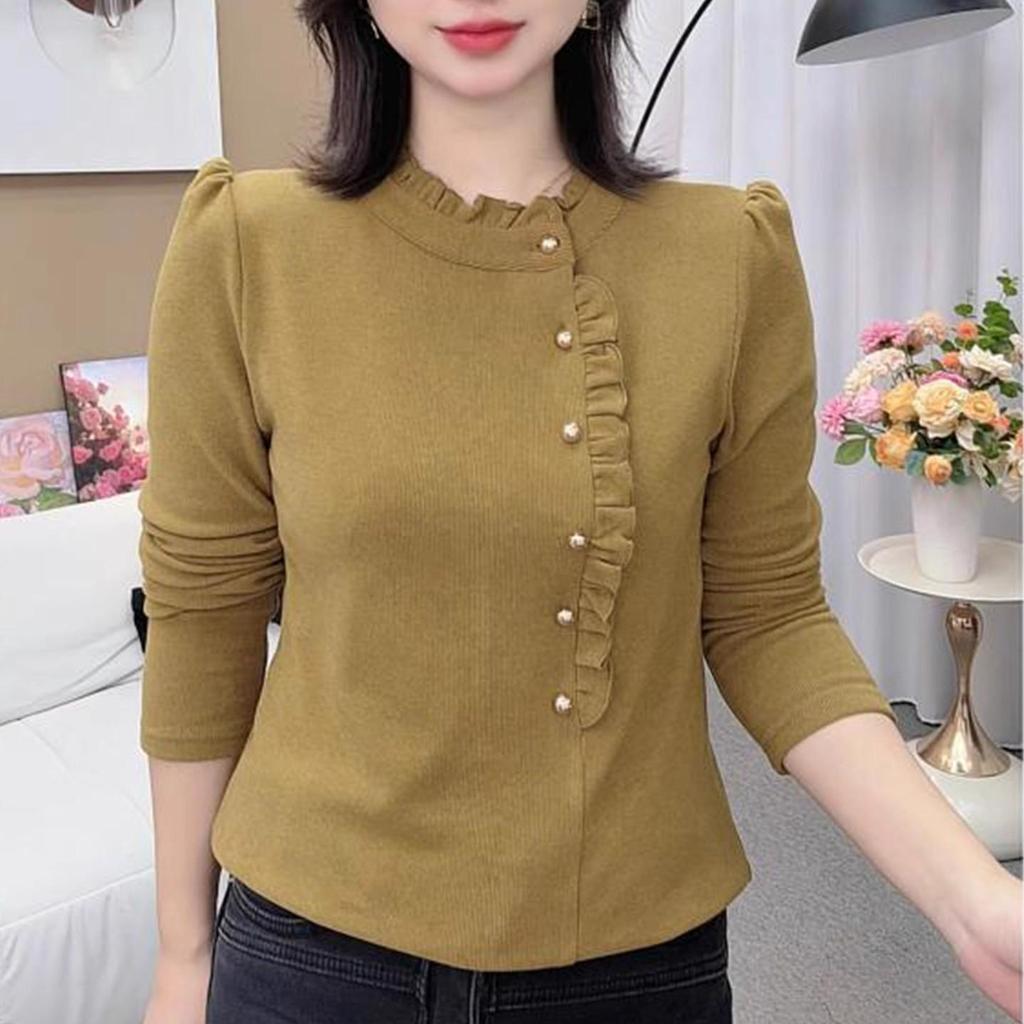 Autumn/Winter Plus Size Women's Long Sleeve Top - Tummy Covering, Half-High Collar, Button Detail, Ideal for Middle-Aged and Elderly Moms.