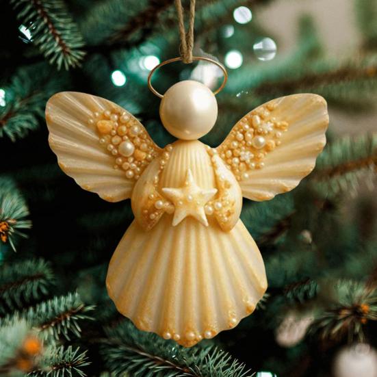 Andělská mušle ozdoba vánoční stromek závěsné ozdoby mořem inspirované andělské dekorace ručně vyráběné mušlové andělské akcenty pro pobřežní pláž