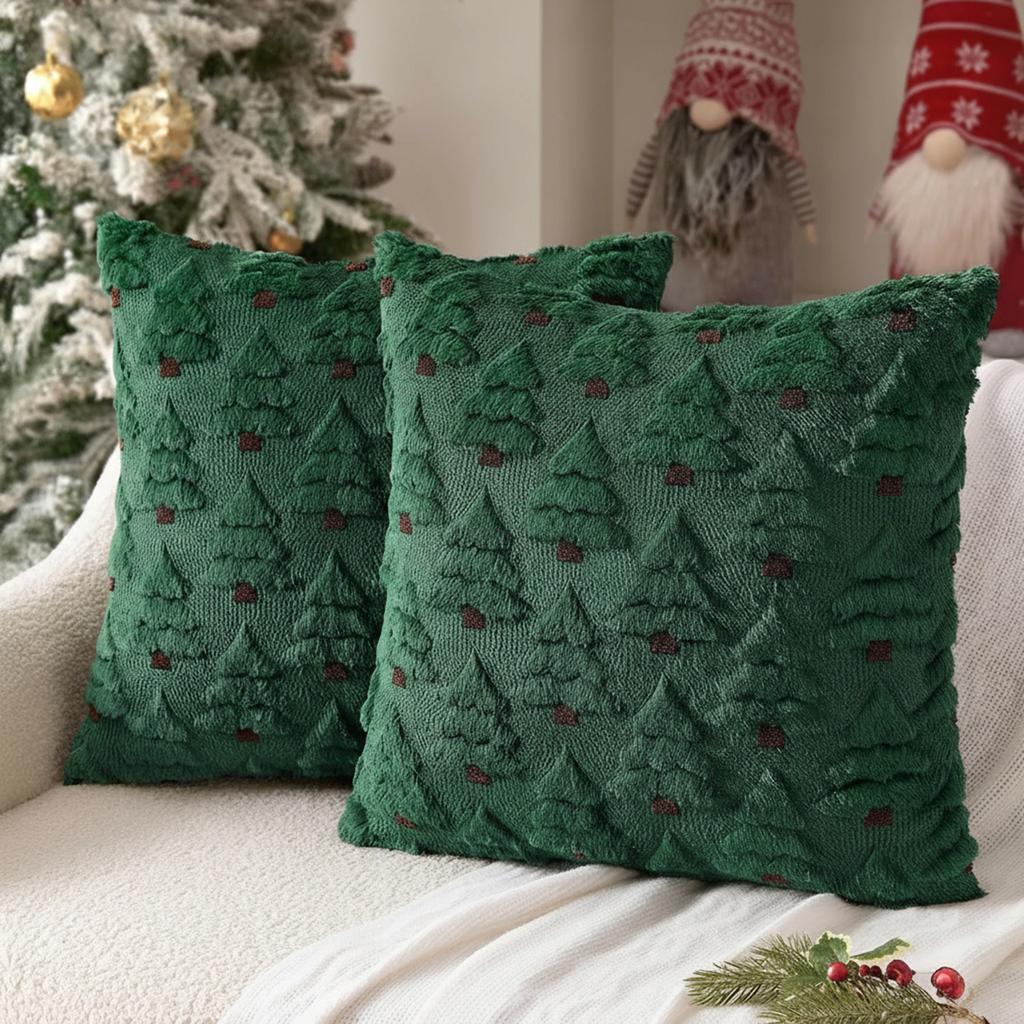 Christmas Tree Faux Fur Pillow Covers Embroidery Accent Pillowcase Fluffy Plush Accent Pillow Cases for Living Room Bedroom Sofa