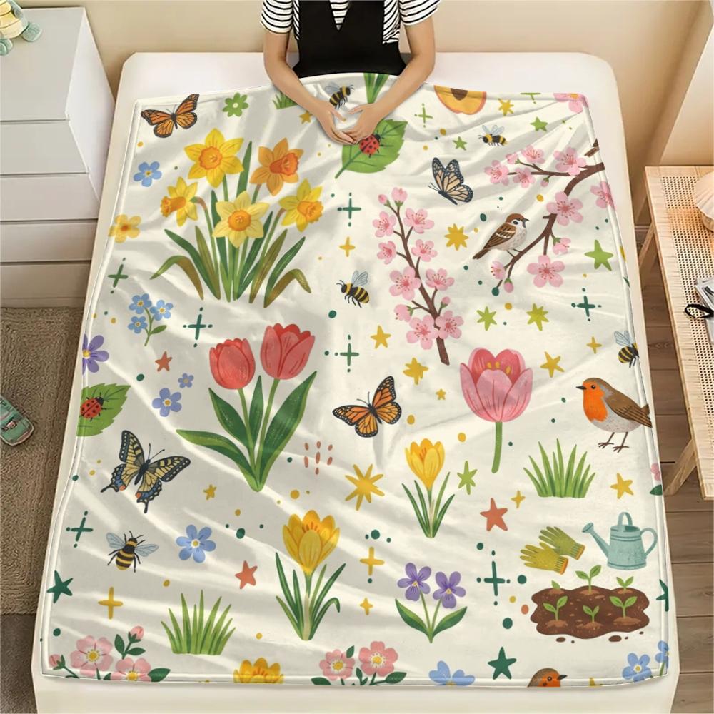 1Pc Cute Season Print Flannel Blanket, High quality Comfortable for All Seasons, Home Decor, Warmth and Comfort, Perfect for Christmas Gifts W50