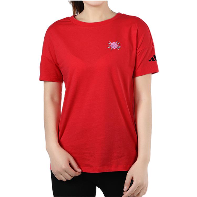 adidas T-shirt damski z okrągłym dekoltem i krótkim rękawem z nadrukiem graficznym Czerwony FT2929
