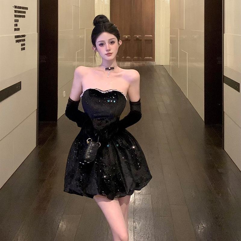 

Princess Pinched Waist Small Black Dress High-end Birthday Dress One-word Shoulder Tube Top Dress Black Velvet Puff Dress L